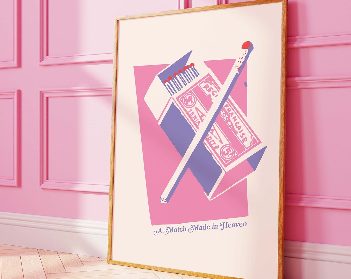 Matchbox Print Art Pink Wall Art Trendy Matchbook Valentines Day Decor Cute Romantic Art
