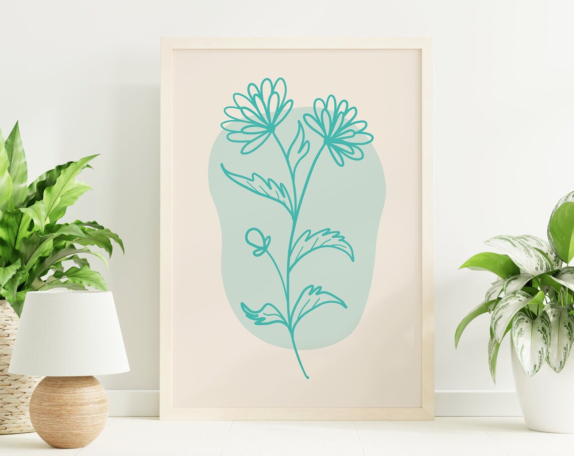 Teal Daisy Line Art Poster with Aqua Floral Drawing on Soft Blob