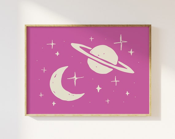 Outer Space Print Art Cute Stars And Planets Art Print Pink Wall Art Boho Space