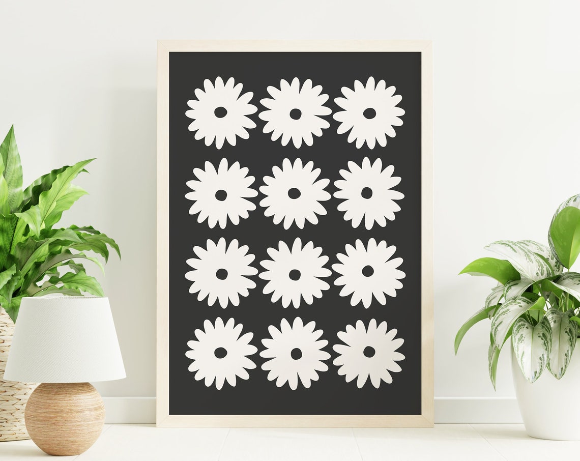 Black Daisy Flower Grid White Background Botanical Minimal Poster