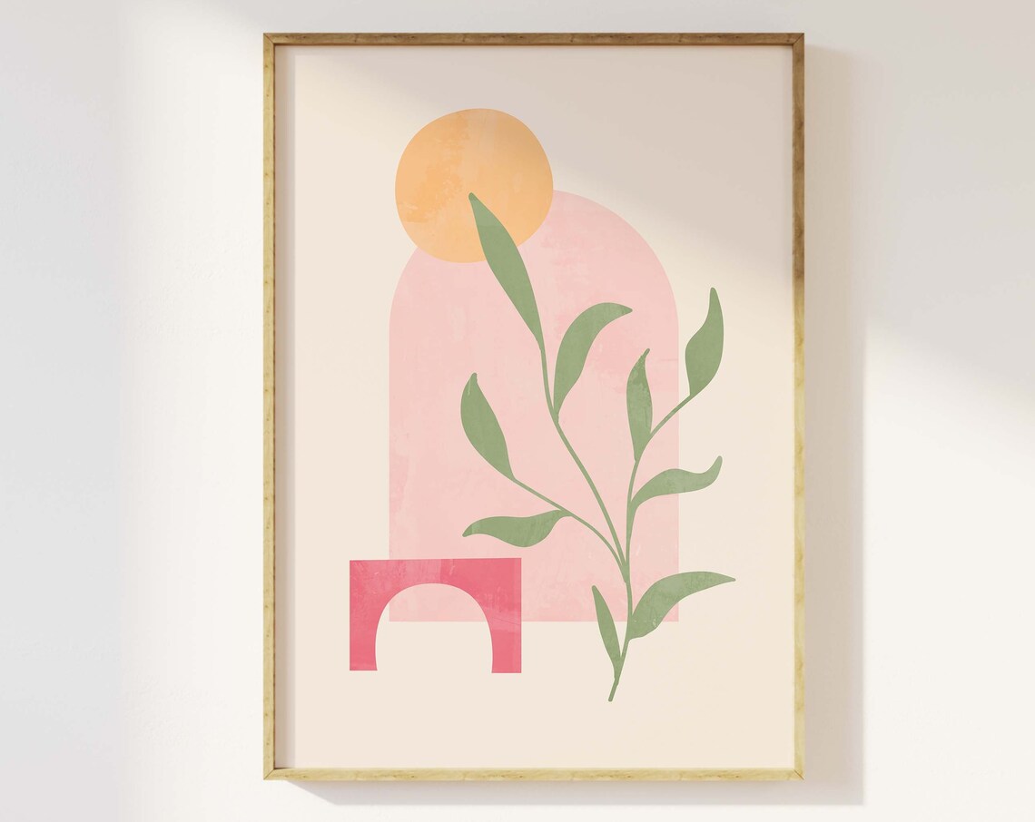 Boho Abstract Botanical Arch Poster with Sun and Leafy Branch Art