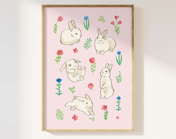 Cute Bunnies Print Art Cute Easter Bunnies Art Print Pink Wall Art Trendy Easter Decor Nursery Decor