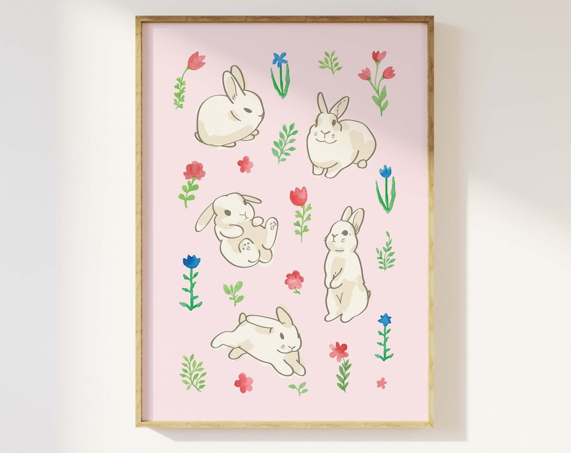 Cute Bunnies Print Art Cute Easter Bunnies Art Print Pink Wall Art Trendy Easter Decor Nursery Decor