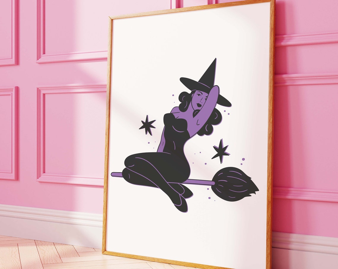 Pin Up Witch Riding Broom White Cute Retro Halloween Art Poster