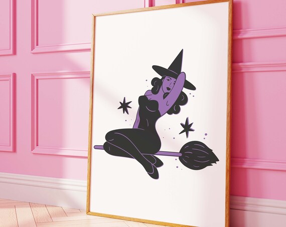 Pin Up Witch Riding Broom White Cute Retro Halloween Art Poster
