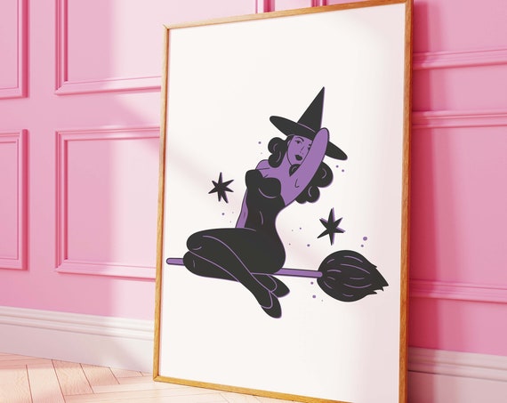 Witch Pinup Print Art Cute Purple Halloween Wall Decor Trendy Halloween Wall Art Spooky Season Poster