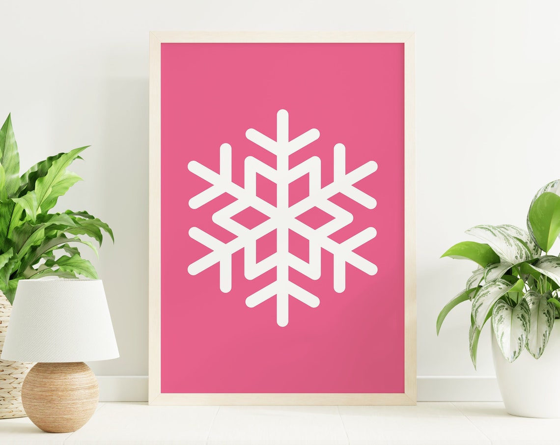 Pink Snowflake Print Art Cute Christmas Decor Pink Winter Holiday Wall Art