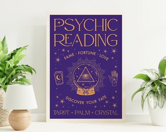 Psychic Reading Tarot Palm Crystal Gold Purple Mystical Art Poster