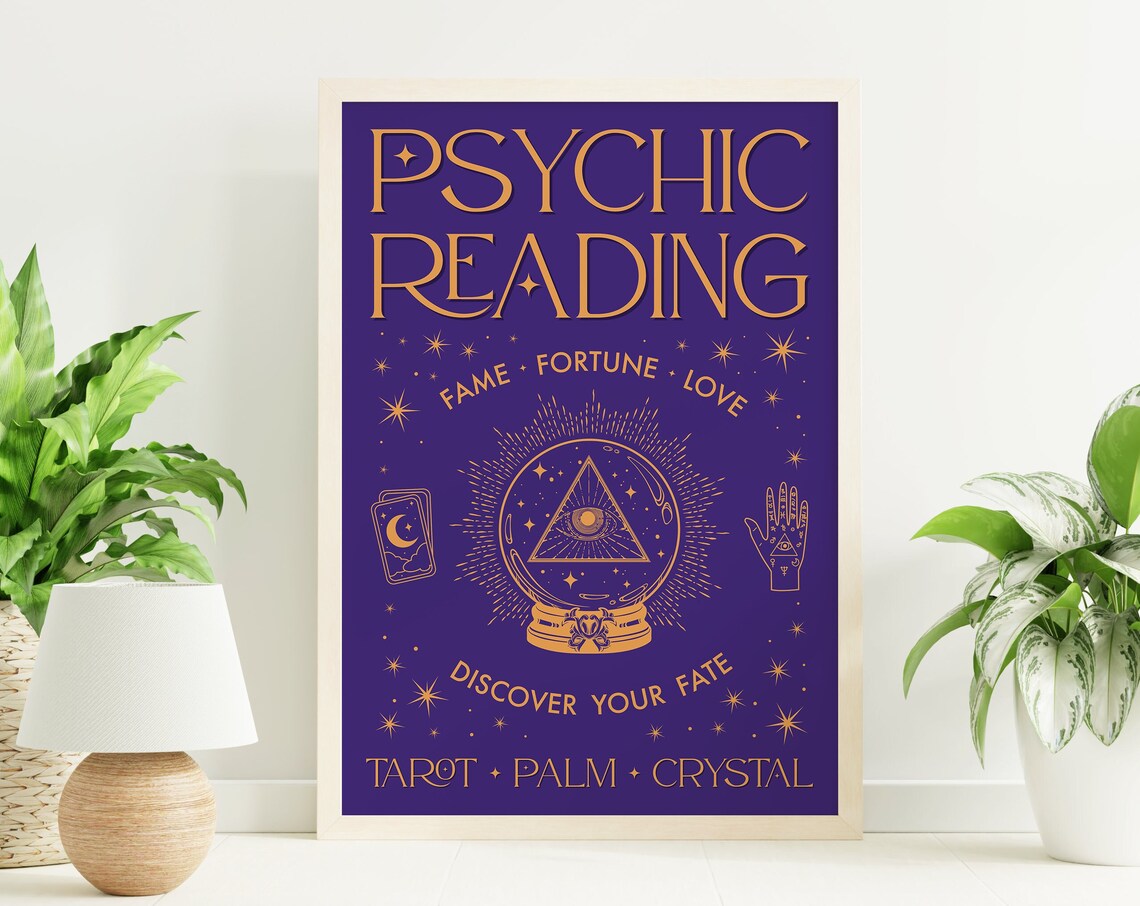 Psychic Reading Tarot Palm Crystal Gold Purple Mystical Art Poster