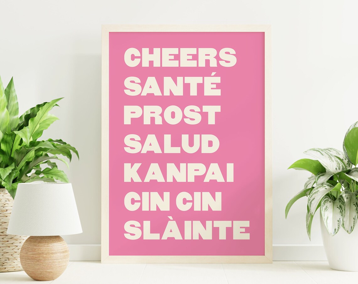 Cheers In Seven Languages Pink White Typography Bar Wall Poster