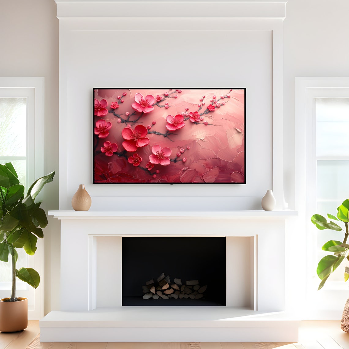 Red Pink Blossom Textured Impasto Floral Branch Painting Art Print - Image 4