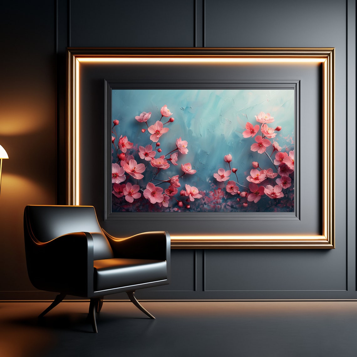 Pink Cherry Blossoms On Teal Textured Floral Painting Poster - Image 3