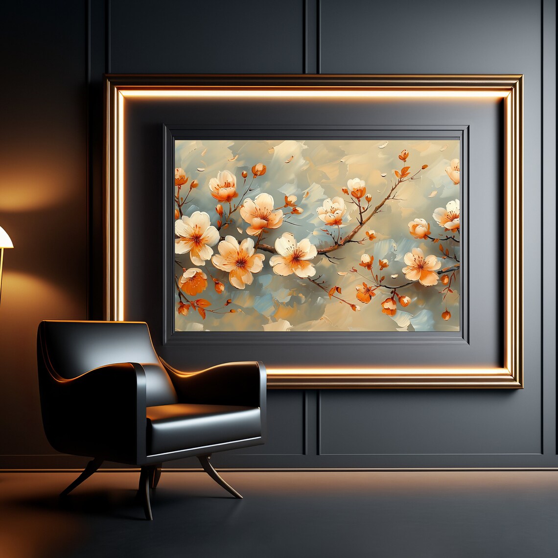 White And Apricot Blossom Branch Neutral Floral Painting Poster - Image 3