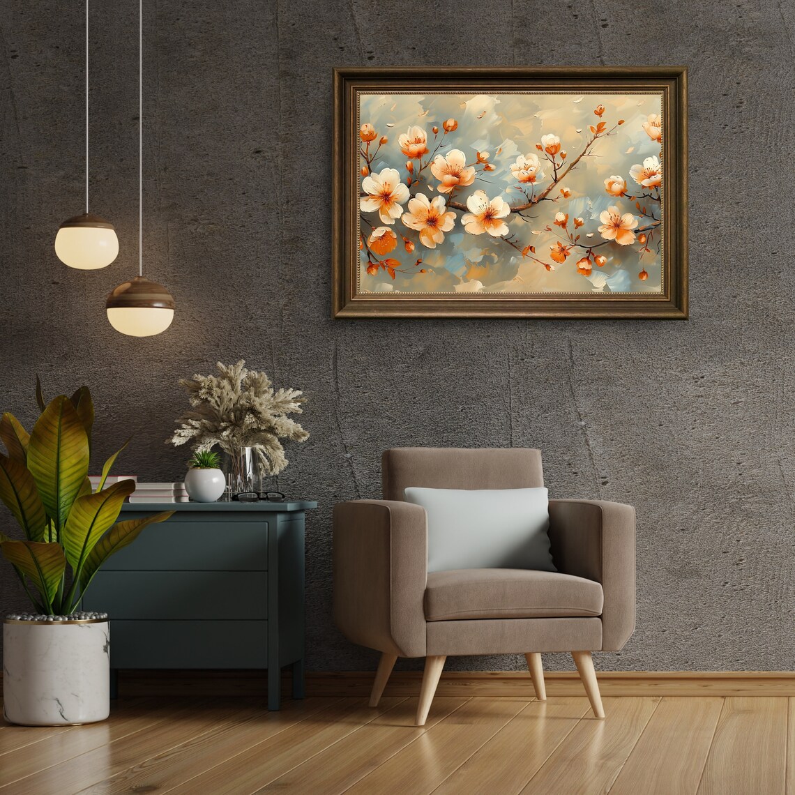 White And Apricot Blossom Branch Neutral Floral Painting Poster - Image 4