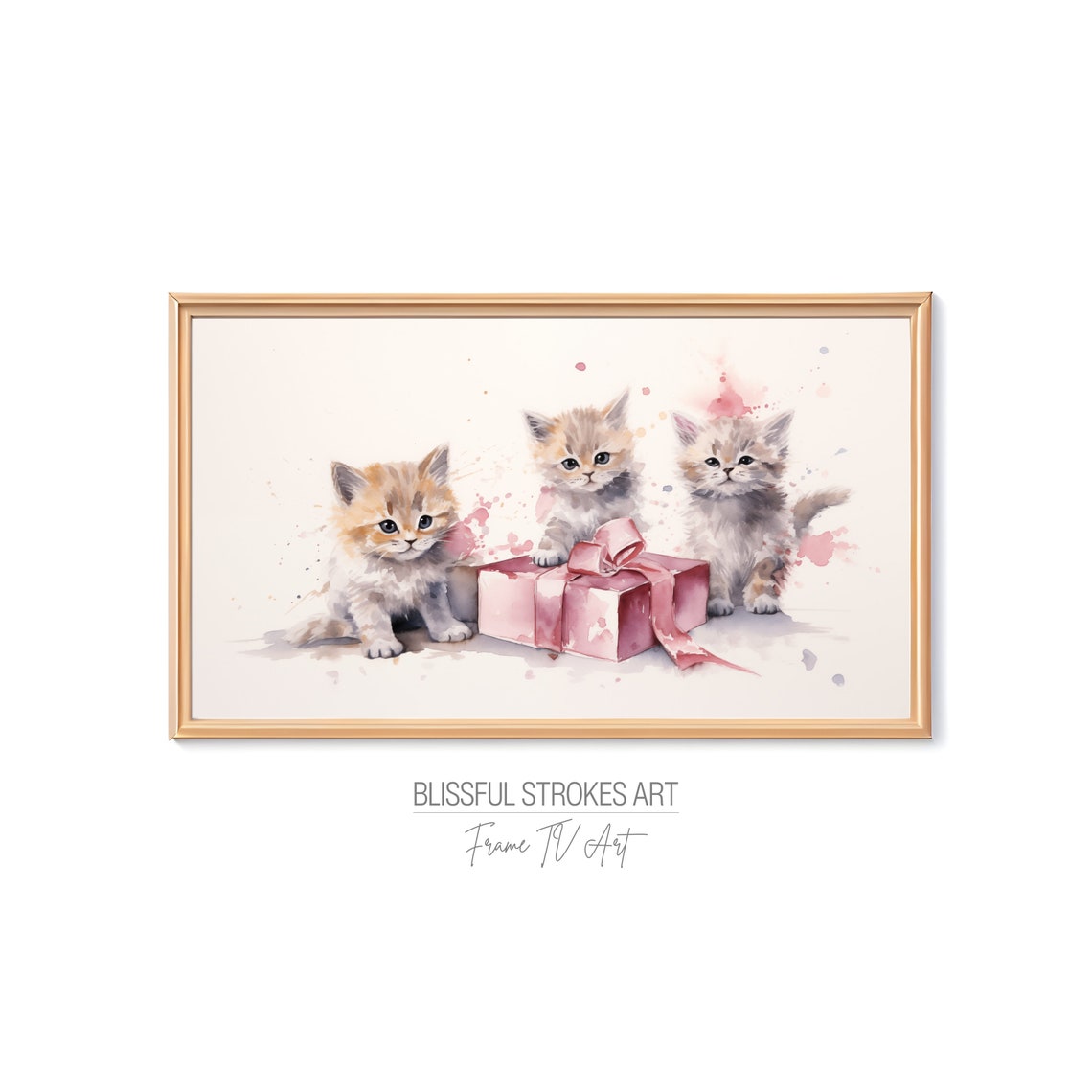 Three Kittens With Pink Gift Box Watercolor Cute Animal Poster