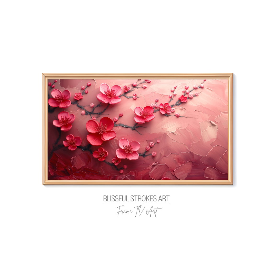 Red Pink Blossom Textured Impasto Floral Branch Painting Art Print