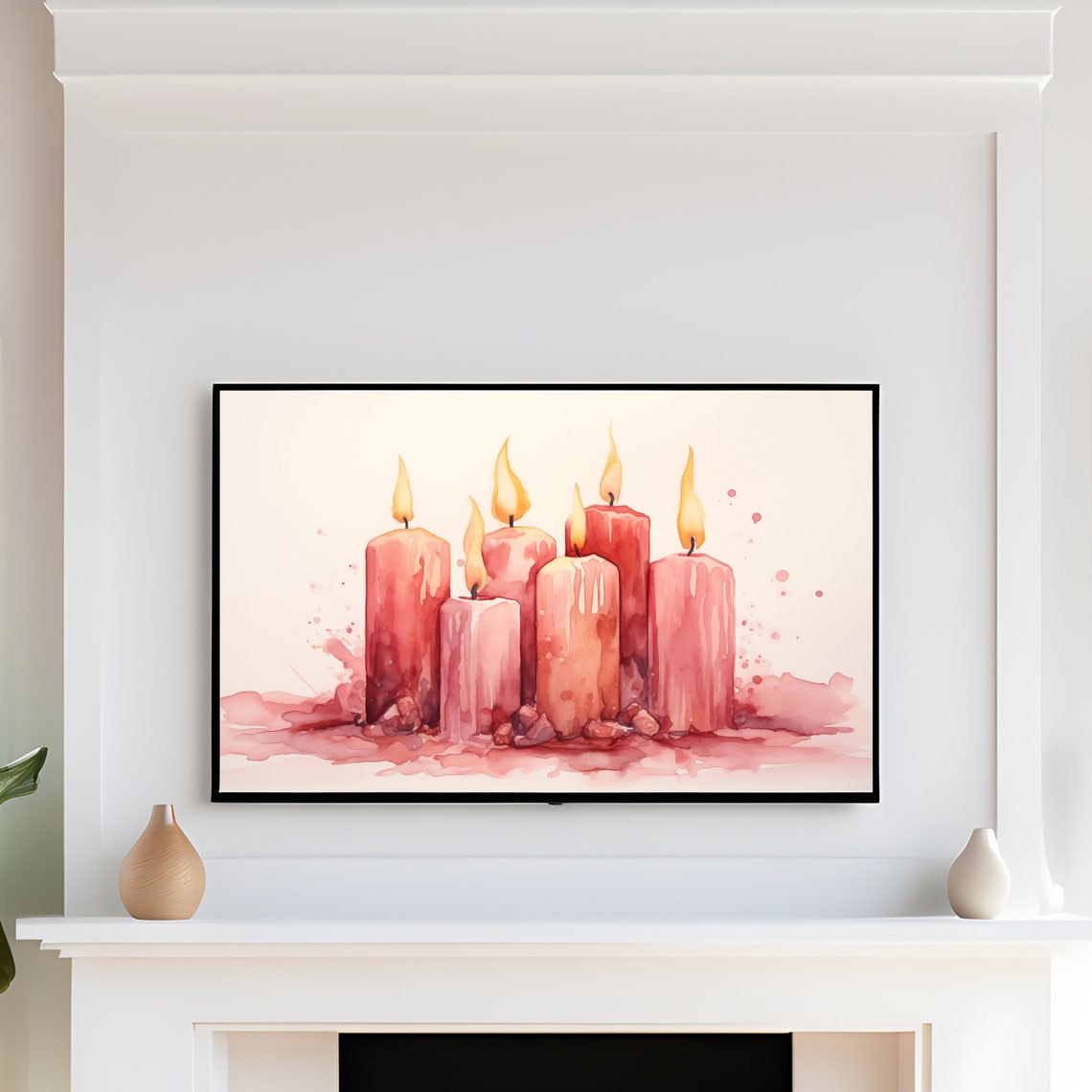 Pink Candle Cluster Lit Flames Watercolor Romantic Cozy Art Print - Image 2