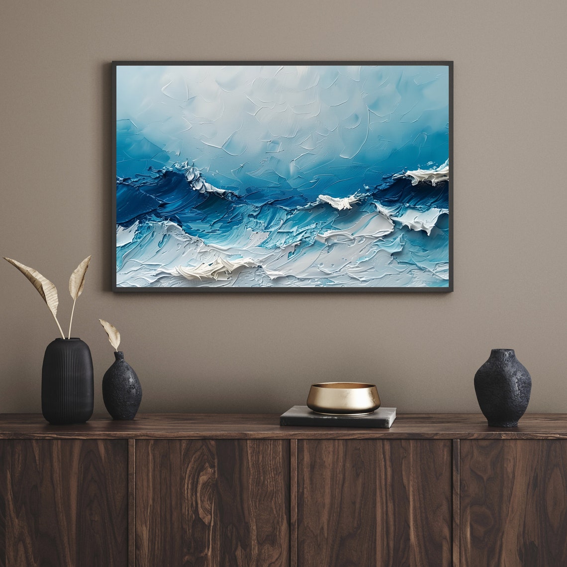 Blue And White Ocean Wave Textured Abstract Coastal Art Poster - Image 2