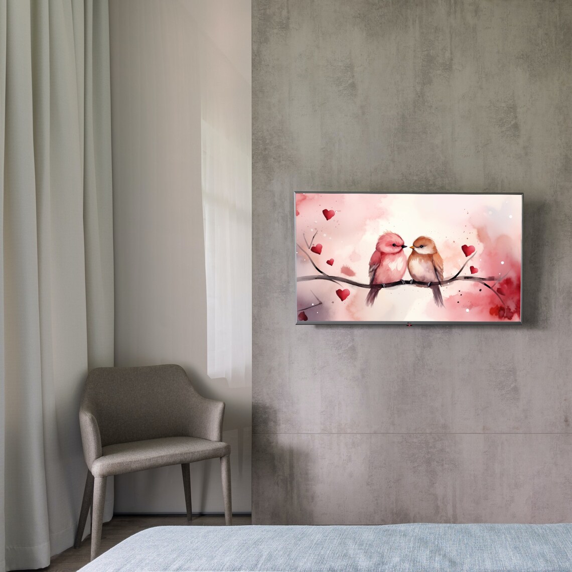Love Birds Branch Red Hearts Watercolor Romantic Valentine Art Print - Image 2