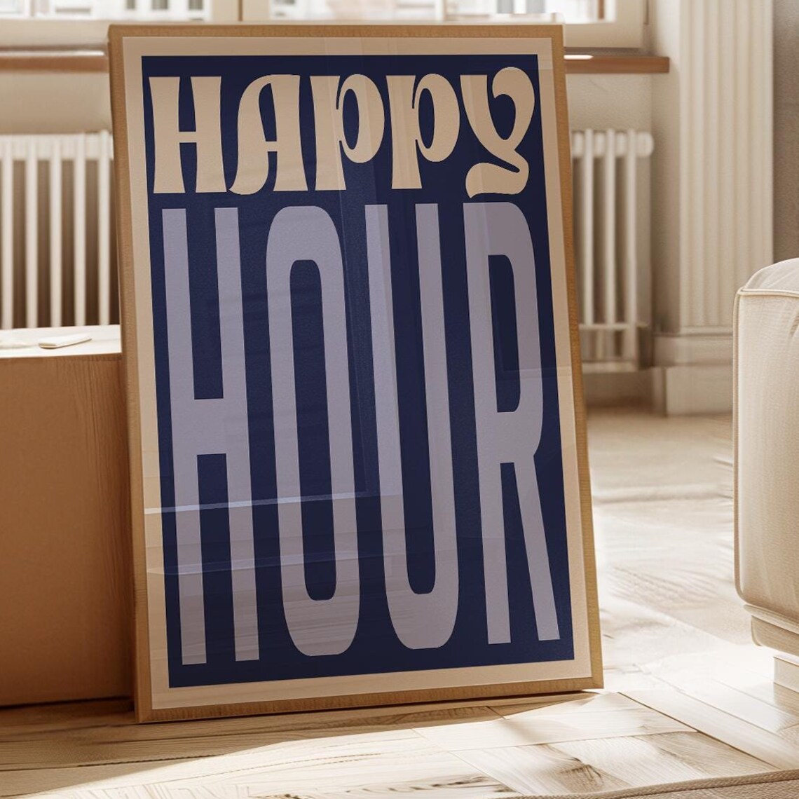 Bold Happy Hour Retro Typography Poster for Navy Blue Bar Wall Decor