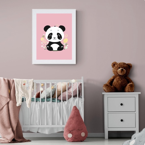 Cute Baby Panda Pink Floral Nursery Wall Art for Girls Bedroom