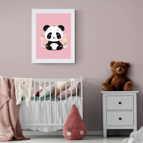 Panda Nursery Art Print Pink Baby Animal Decor Instant