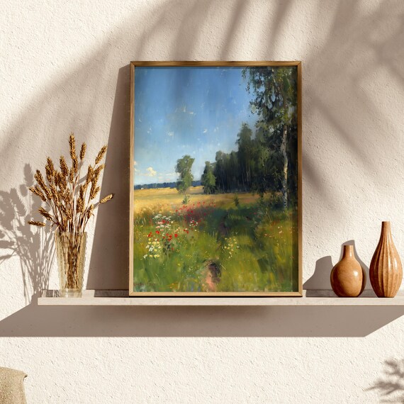 Sunny Summer Meadow Red Poppies Birch Trees Vintage Landscape Painting Poster