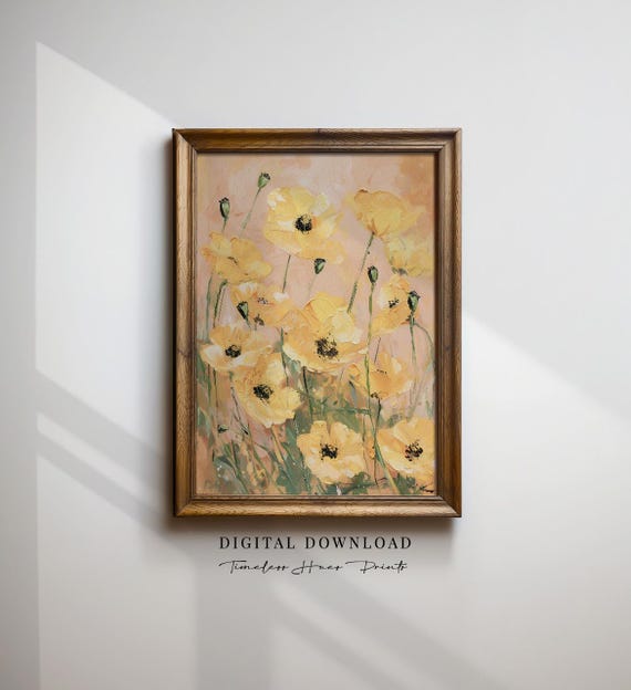 Yellow Poppy Painting Vintage Floral Art Print Textured Impasto Wall Decor Grandmillennial Style Botanical