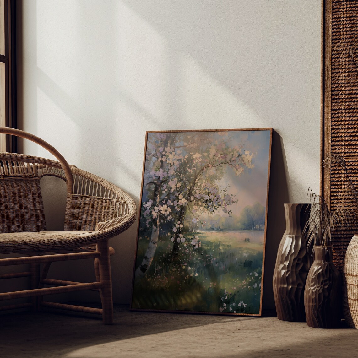 Cherry Blossom Tree Blooming By A Misty Spring Lake In Soft Light Poster - Image 2