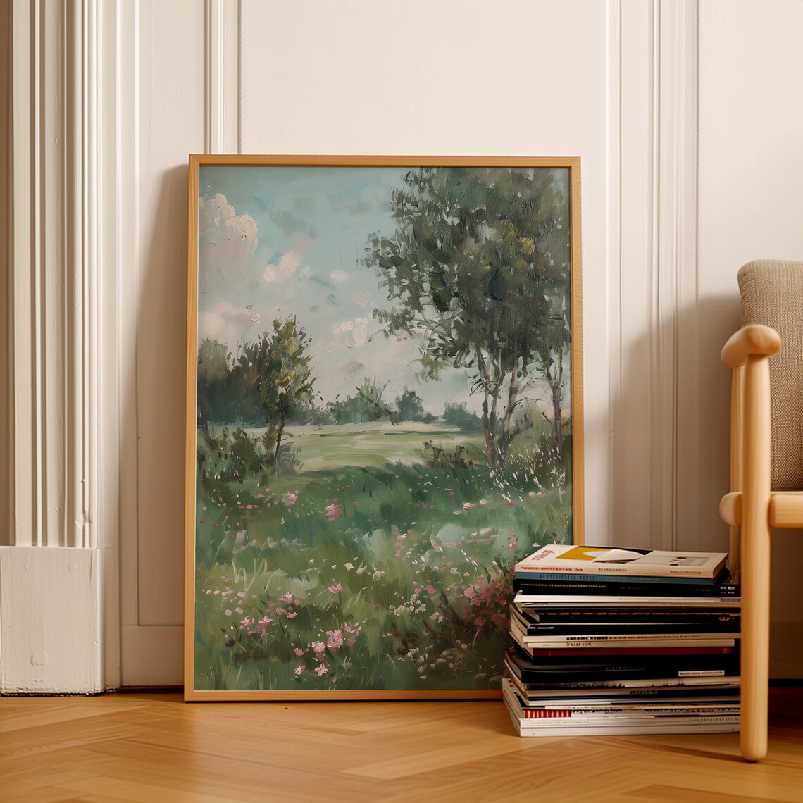 Spring Meadow Painting, Moody Vintage Landscape Art - Image 2