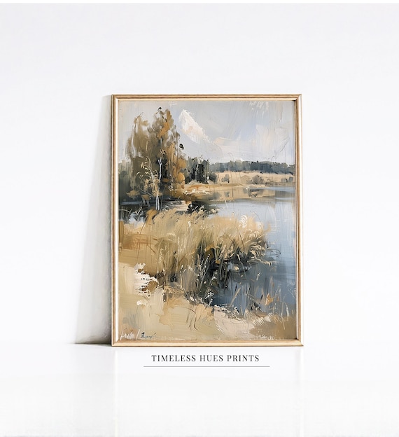 Autumn Golden Grasses By Blue Lake Muted Vintage Landscape Painting Poster