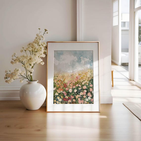 Flower Field Painting Floral Wall Art Botanical Country Garden Farmhouse Print Nursery