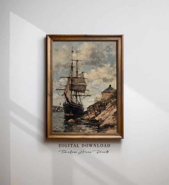 Vintage Ship Painting Moody Seascape Art Nautical Wall Decor Coastal Print Antique Boat Dark Academia