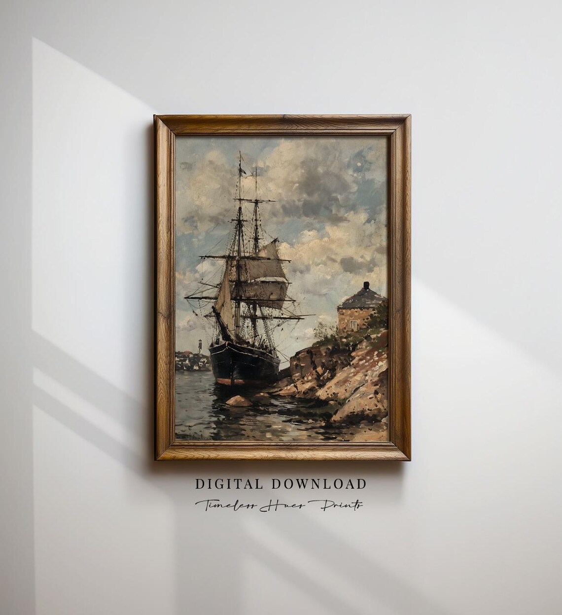 Tall Ship Anchored by Rocky Cove Vintage Nautical Painting Wall Art