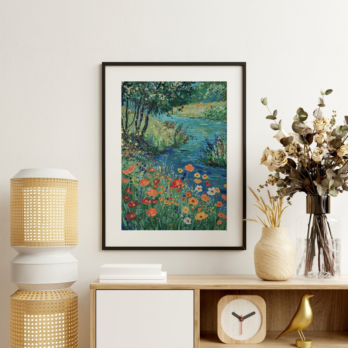 Colorful Wildflowers Beside Blue Lake Impressionist Floral Meadow Poster - Image 3