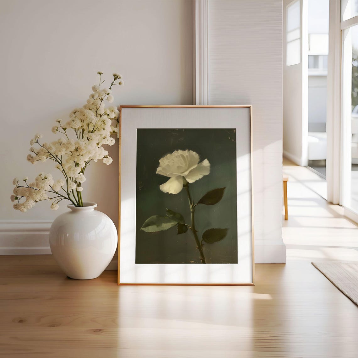 White Rose Bloom on Dark Green Background Vintage Botanical Poster