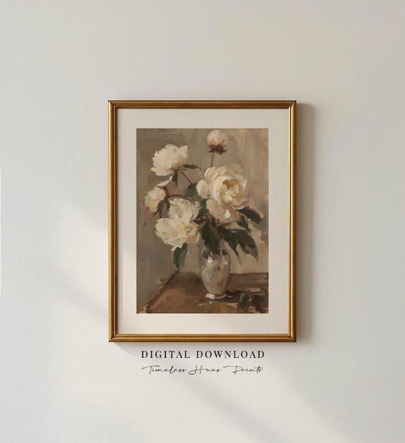 Moody Peony Painting Vintage Floral Still Life Art Neutral Botanical Decor Impressionist Flower Print