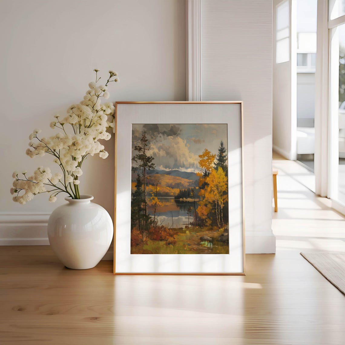 Golden Autumn Lake Painting Vintage Style Fall Landscape Wall Poster