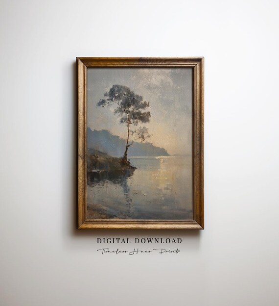 Foggy Morning Lone Tree Misty Lake Moody Hazy Sunrise Oil Painting Poster