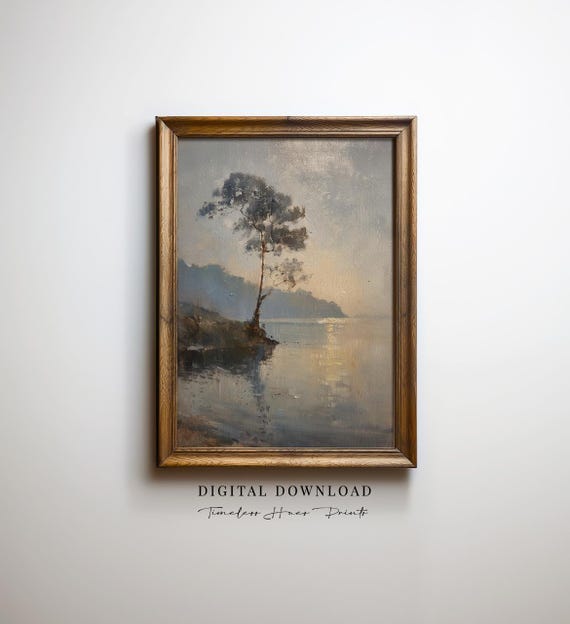 Lone Tree Oil Painting Misty Moody Coastal Landscape Lake Foggy Morning Art Hazy Sunrise