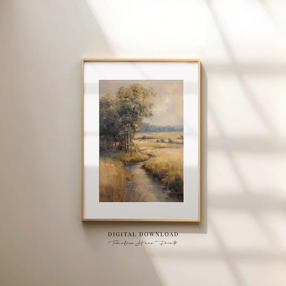 Country Stream Painting Golden Hour Landscape Art Pastoral Countryside Print Rustic Nature Wall Rural