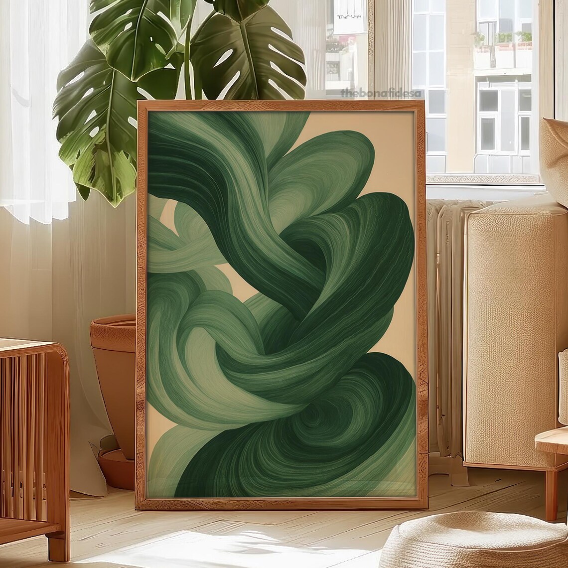 Sage Green Abstract Flowing Swirls Mid Century Modern Japandi Print
