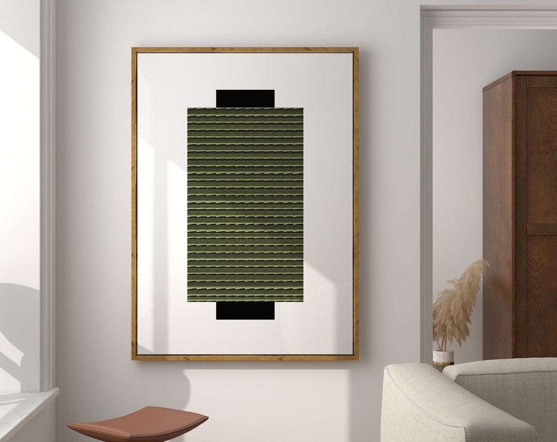 Olive Green Lined Column Minimalist Black White Artwork Poster