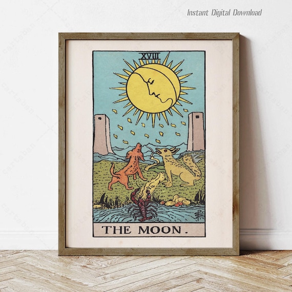 The Moon Tarot Card XVIII Rider Waite Smith Deck Vintage Art Print