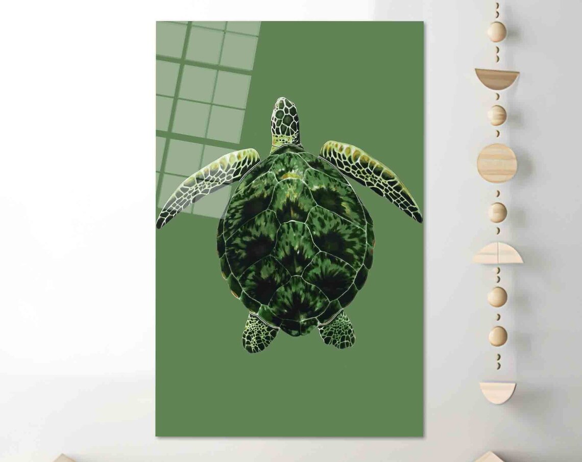 Green Sea Turtle Swimming on Solid Green Minimalist Animal Poster