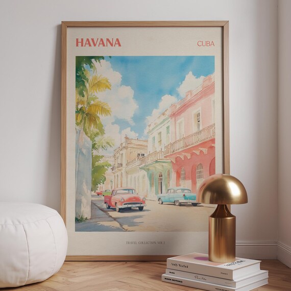 Havana Cuba Watercolor Travel Poster Vintage Cars Street Scene
