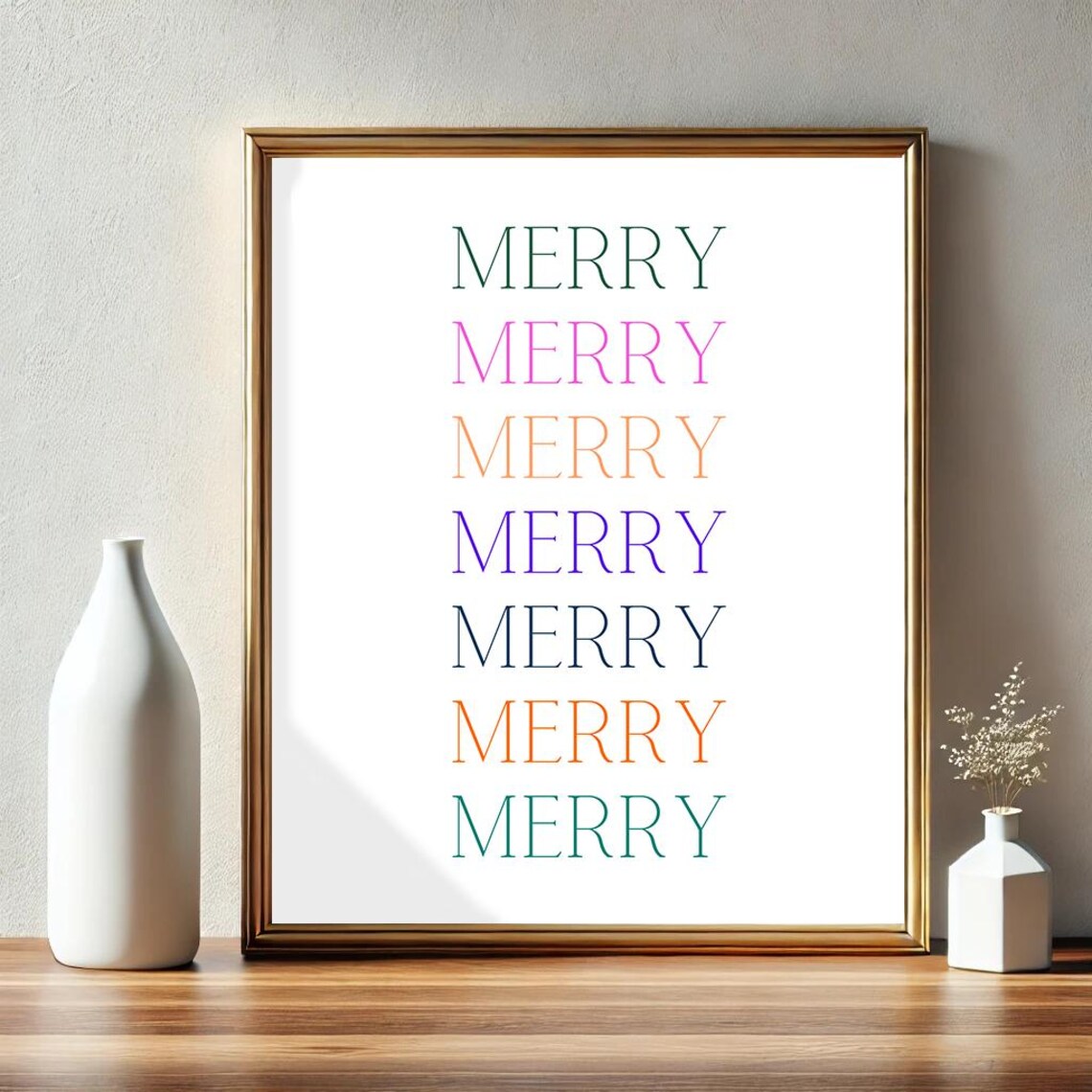 Merry Repeated Rainbow Typography Colorful Christmas Holiday Poster