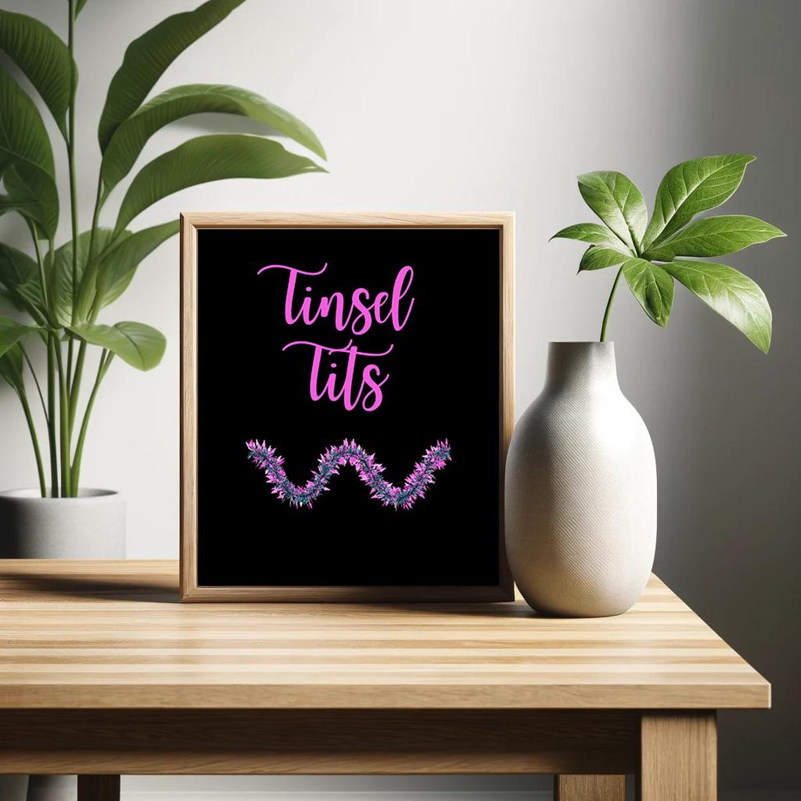 Tinsel Tits Pink Neon Script Funny Christmas Party Humor Poster - Image 2