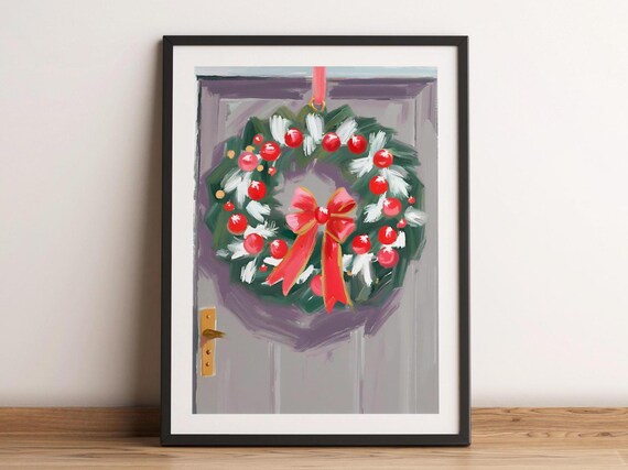 Christmas Wreath Gray Door Red Bow Ornaments Holiday Art Poster