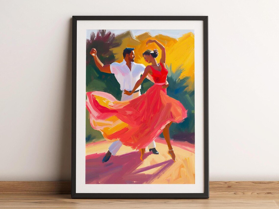 Dancing Couple Tango Painting Red Dress Latin Dance Romantic Canvas Style Poster